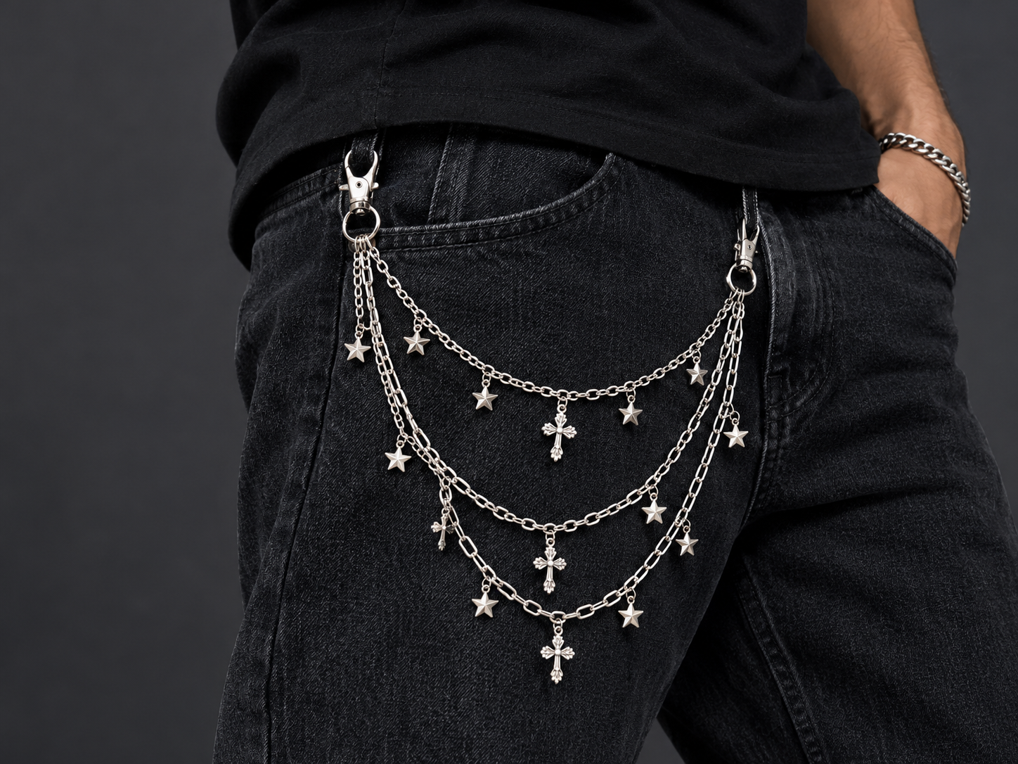 Silver Star & Cross Charm Multi-Layer Jeans Chain – — photo 1