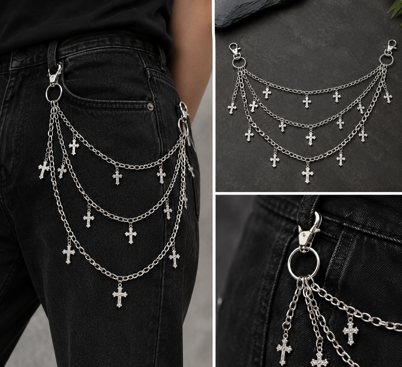 Offside Silver Multi-Layer Cross Charm Jeans Chain — photo 1