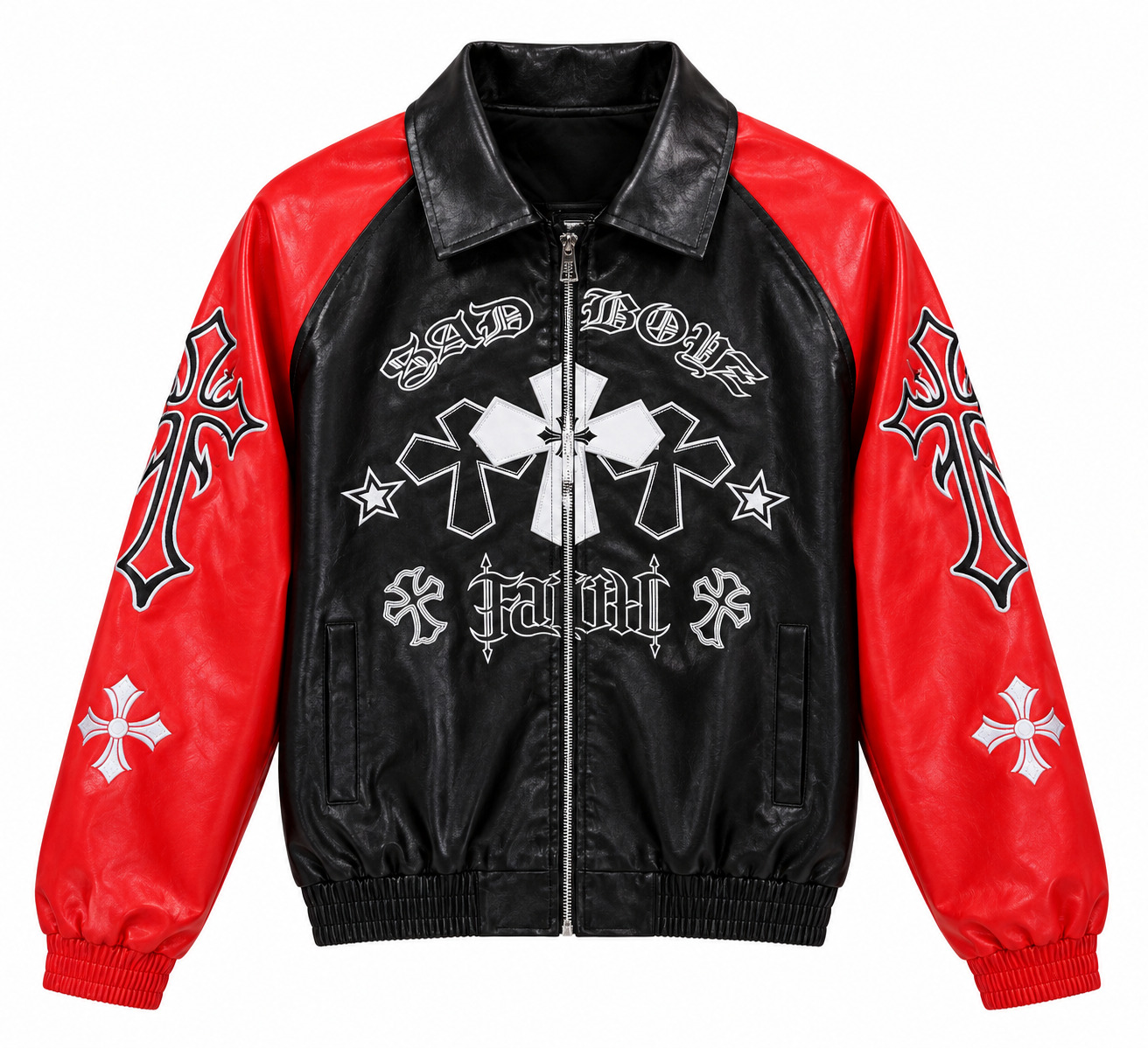 Red & Black Gothic Cross Leather Bomber Jacket — photo 1