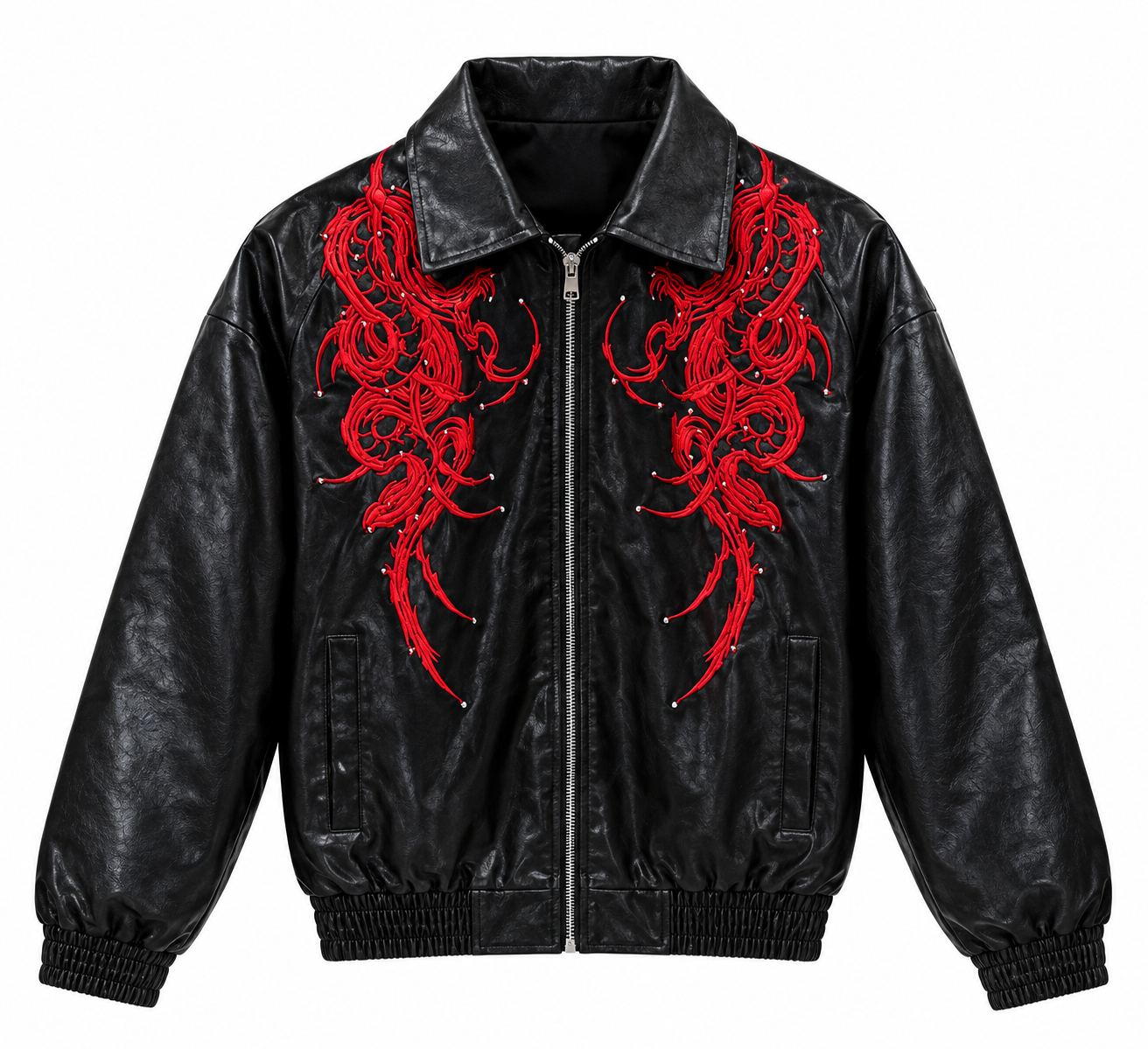 Black & Red Gothic Embroidered Faux Leather Bomber Jacket — photo 1